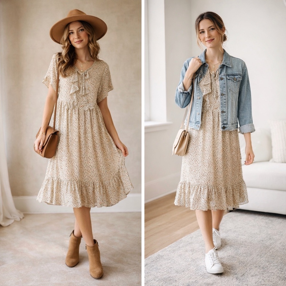 Ruffle Midi Dress in Cream Floral